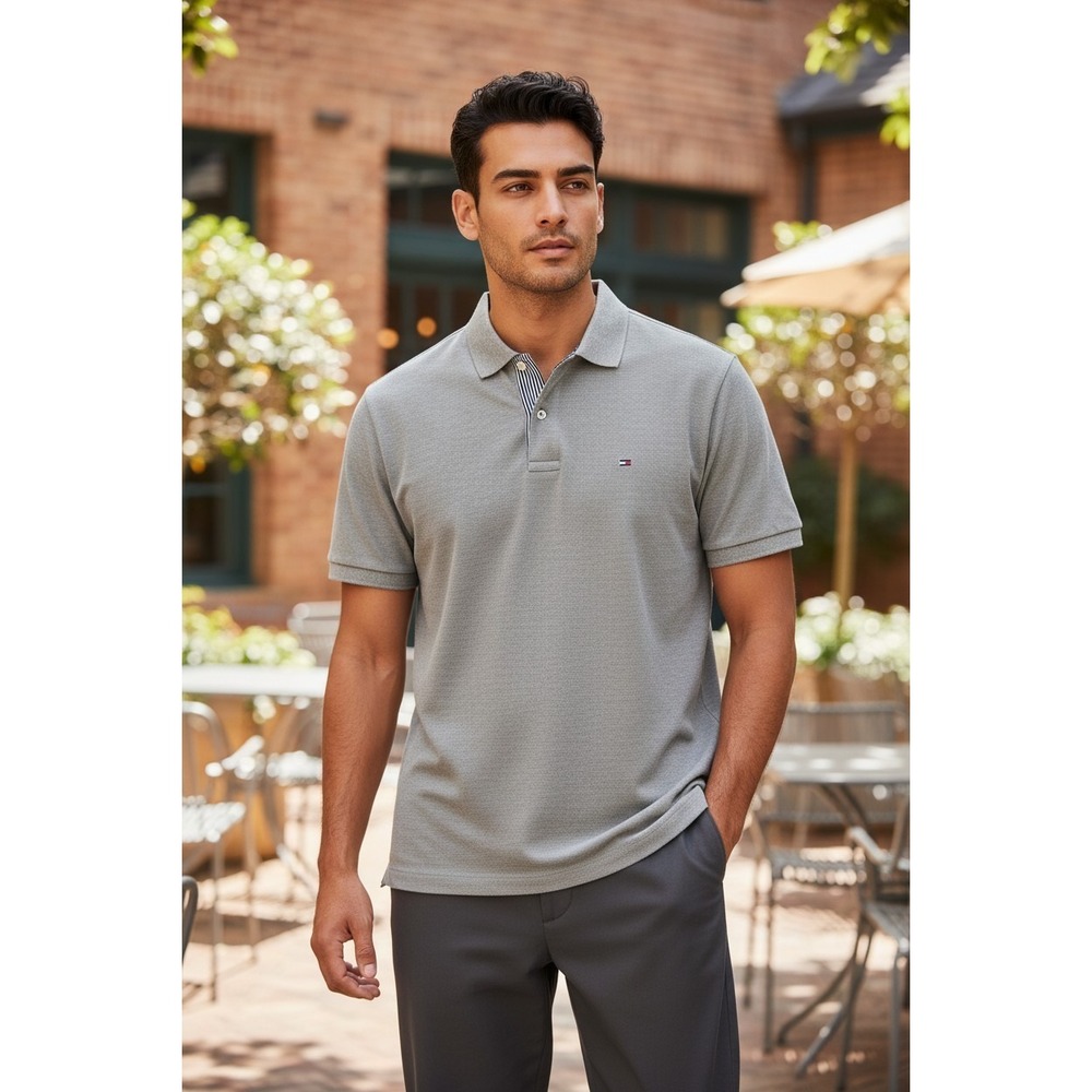 Tommy Hilfiger Mens Custom Fit Polo Shirt Gray Short Sleeve Pique Size M